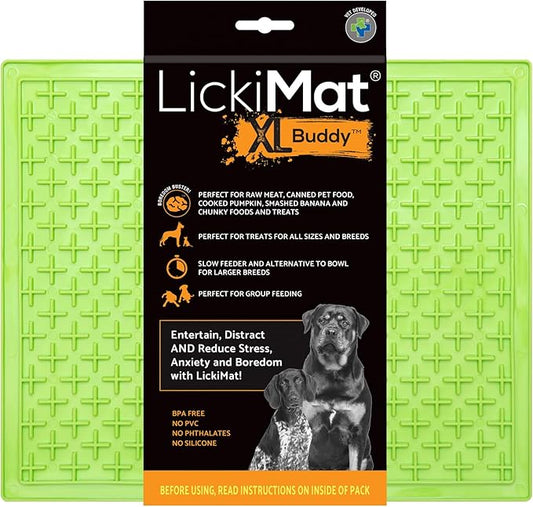 LickiMat X Large Breed Buddy Dog Lick Mat, Dog Calmer, Slow Feeder, Anxiety Reliever Alternative to Puzzle Toys, Slow Feeding Bowls. Use Peanut Butter, Wet, Raw, Mixed Food, Healthy Treats - Green