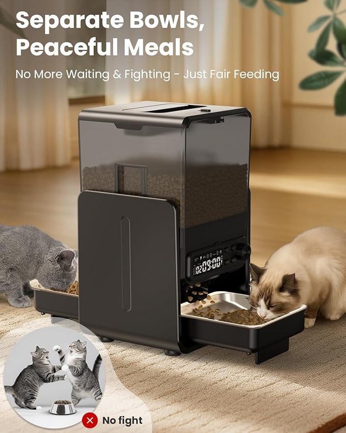 Automatic Cat Feeder for 2 Cats, 5L/20 Cups Food Dispenser with Adjustable Raised Double Bowls, Detachable Control Panel, Timed Cat and Dogs Feeder for Dry Food, Dual Power Supply