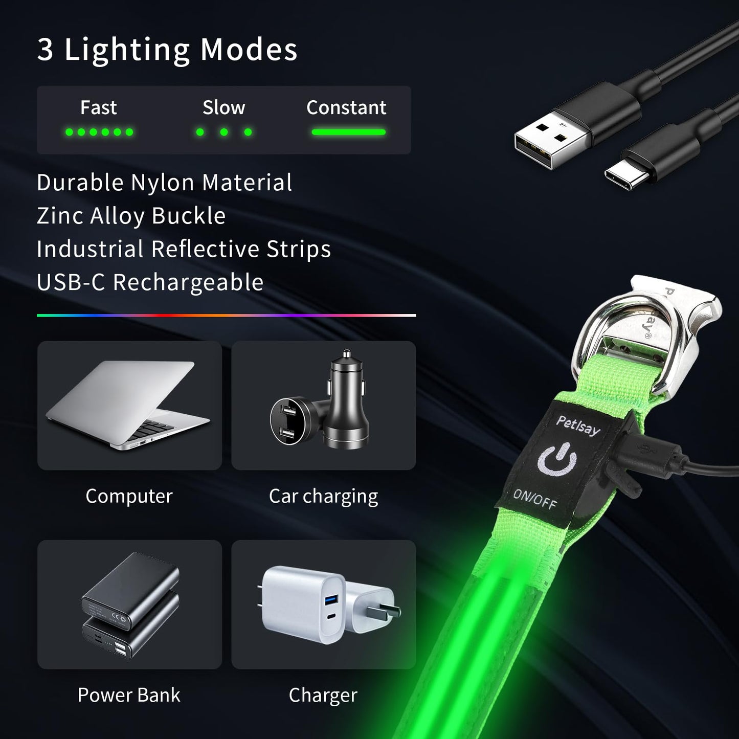 LED Dog Collar with Metal Buckle - USB Rechargeable Glow Collar for Dogs, Waterproof Light Up Dog Collar w/Reflective Strips - Adjustable Night Safety Collars by PetIsay(Green,Large)