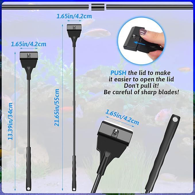 Honoson Aquarium Scraper 21.65 Aquariums Fish Tank Scraper Cleaner Tool Kit with 5 Stainless Steel Blades Long Handheld for Fish Reef Plant Glass Tank