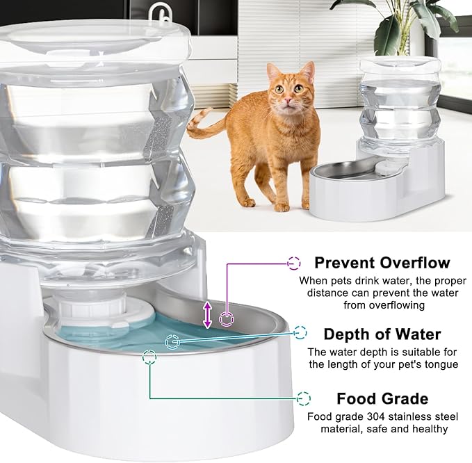 Sfozstra Automatic Gravity Dispenser for Cats: 4L White Stainless Steel Water Bowl Feeder - Great for Family Homes and Outdoor Activities