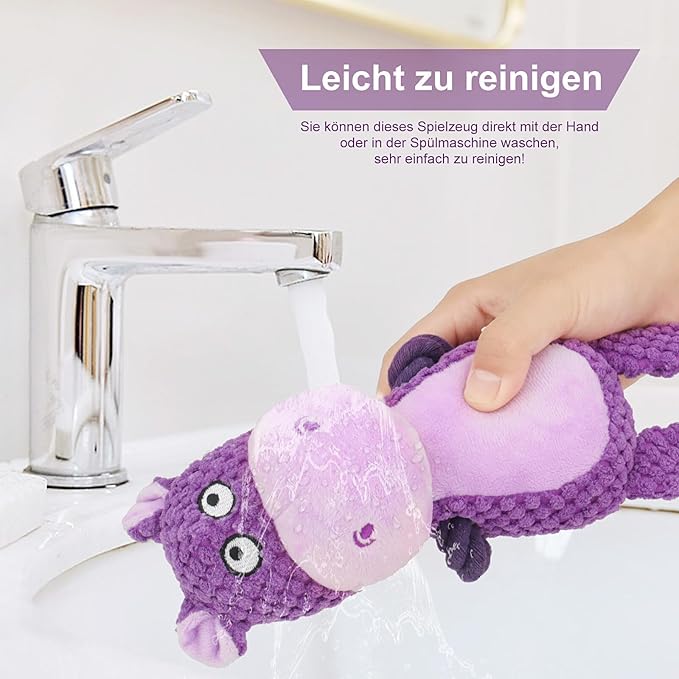 Dog Toys, Dog Squeaker Toys with Crinkle Paper, Stuffed Animal Dog Plush Chewing Toy, Cotton Rope Interactive Toys for Puppy, Small, Middle Dogs (Purple Hippo)