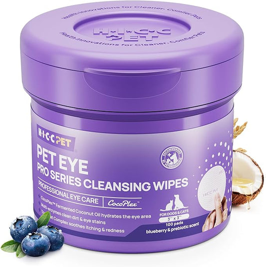 HICC PET Eyes Wipes for Dogs & Cats - Gently Remove Tear Stain, Debris, Discharge, Crust, Pet Cleaning Grooming Deodorizing Wipes Wash Cleaner for Eyes, Wrinkle, Face (Blueberry&Probiotic Scent)