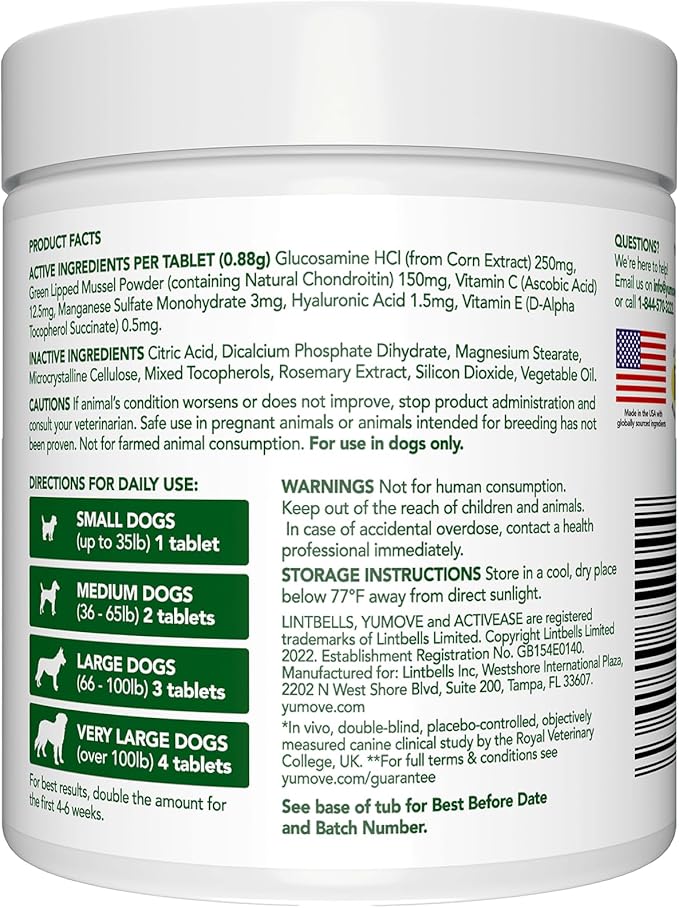 YuMOVE Hip & Joint Supplement for Dogs with Glucosamine, Hyaluronic Acid, Green Lipped Mussel & Omega 3 Joint Supplement - Regular and Advanced Strength (120ct, Chewable Tablets)