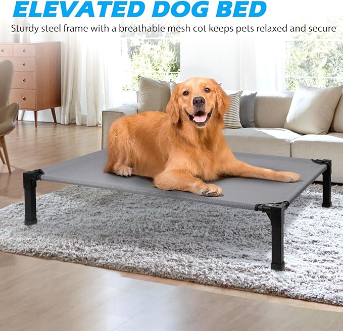 Heeyoo Elevated Dog Bed, Cooling Raised Pet Cot with Chew Proof Washable Breathable Mesh and Metal Frame, Portable Dog Cot Bed with No-Slip Feet for Outdoor or Indoor Use