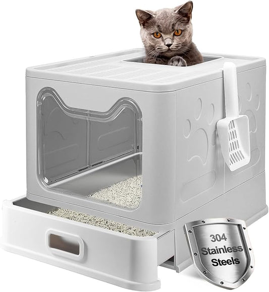 Upgrade Portable Litter Box, Top Entry Cat Box with Lid, No Leakage Kitty Box with Scoop and Mat, Easy Cleaning Cat Box Enclosure(Grey-Stainless Steel)