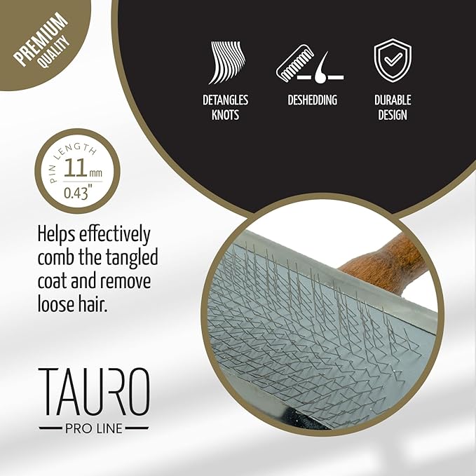 Tauro Pro Line Wooden Dog Brush for Shedding - Long & Short Hair Deshedding & Detangling Brown Slicker Brush for Dog & Cat Grooming - Flexible Cushion & Lightweight, Ideal for All Coat Types, M