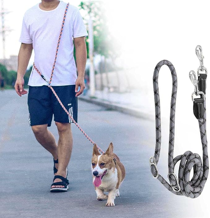 Hands Free Dog Leash(8.5ft), 8 in 1 Multifunction Nylon Double Leash for Dogs,1.2cm Adjustable Waist with Reflective Stitching for Training -Grey