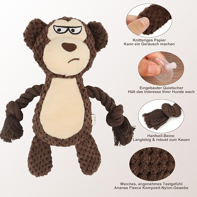 Dog Toys, Dog Squeaker Toys with Crinkle Paper, Stuffed Animal Dog Plush Chewing Toy, Cotton Rope Interactive Toys for Puppy, Small, Middle Dogs (Brown Monkey)