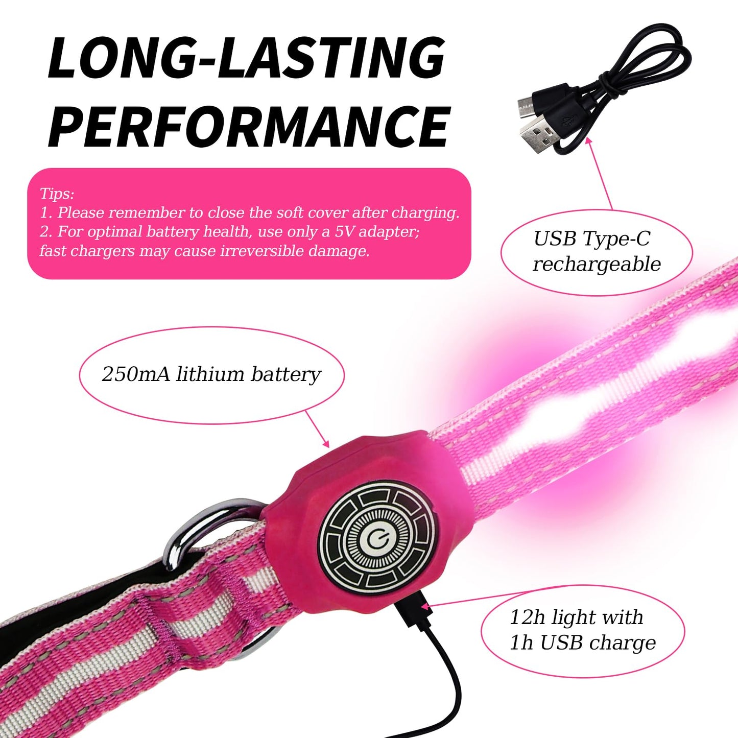 LED Light Up Dog Leash, 5 Ft Rechargeable Lighted Glowing Dog Leash with 3 Flash Modes Night Walking Safety, Nylon Waterproof Reflective Leashes with Padded Handle for Small Medium Large Pet