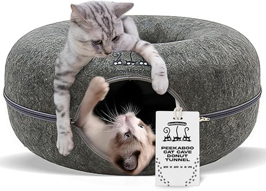 MeowMansion - Indoor Cat Tunnel Bed - Scratch Resistant Peekaboo Cave Donut Shape - Multifunctional Playground, Caves, Toys (Grey)