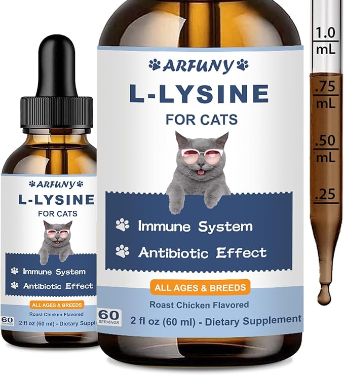 L-ysine Supplement for Cats - Immune Support - 60ML Lysine for Feline Respiratory, Sneezing, Runny Nose, Eye Function - Natural Cat Antibiotic Drops - Roast Chicken Flavor