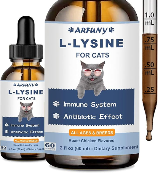 L-ysine Supplement for Cats - Immune Support - 60ML Lysine for Feline Respiratory, Sneezing, Runny Nose, Eye Function - Natural Cat Antibiotic Drops - Roast Chicken Flavor