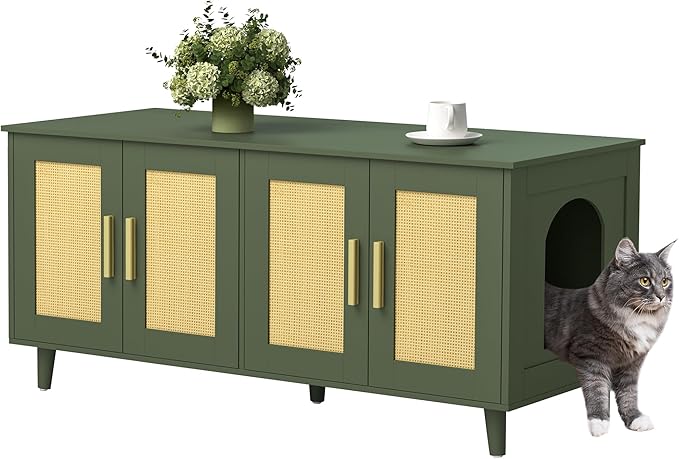 Homhedy Boho Cat Litter Box Enclosure for 2 Cats, Wooden Cat Washroom Furniture with Double Rattan Decorated Doors, Pet House,47.2”L x 19.7”W x 21.7”H, Green