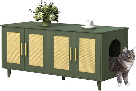 Homhedy Boho Cat Litter Box Enclosure for 2 Cats, Wooden Cat Washroom Furniture with Double Rattan Decorated Doors, Pet House,47.2”L x 19.7”W x 21.7”H, Green