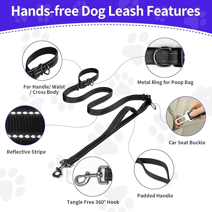 Hands-Free Dog Leash with Adjustable Length 6-9FT + Dual Padded Handles Reflective Safety for Walking, Jogging & Training | Suitable for Medium to Large Dogs & Puppies Black-L
