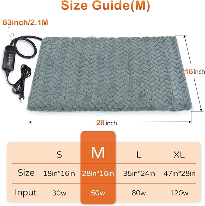 GASUR Pet Heating Pad, Waterproof Electric Dog Cat Heat Pad with Timer, Temperature Adjustable Heated Cat Bed for Winter, Auto Power-Off, Anti-bite Heated Pad for Dogs Cats -28''x16'', Medium