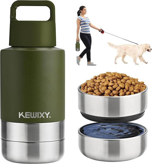 Insulated Dog Travel Water Bottle with Detachable Bowls, 3 in 1 Portable Dog Water Bottle Dispenser, Dog Accessories for Walking, Hiking, Camping, Outdoor (Olive Green, 32 Oz)
