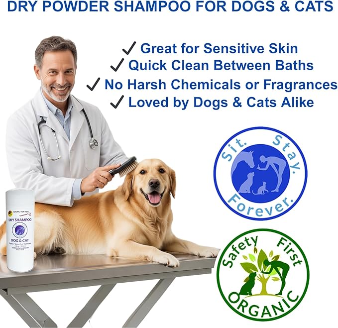 Sit Stay Forever Dry Powder Shampoo for Dogs, Dry Shampoo for Smelly Dogs and Cats, Talco para Perros y Gatos, Shampoo for Stinky and Itchy Skin, Waterless Dog Shampoo, 28 oz