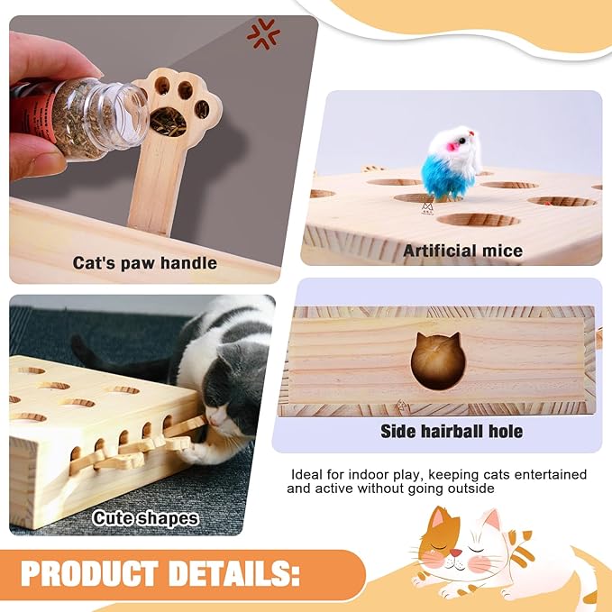 Interactive Wooden Cat Toy, Solid Wood Toys for Indoor Cats Kitten Catch Mice Game, Cat Scratcher and Toy, Cat Interactive Toys, Cat Toy for All Ages Cats