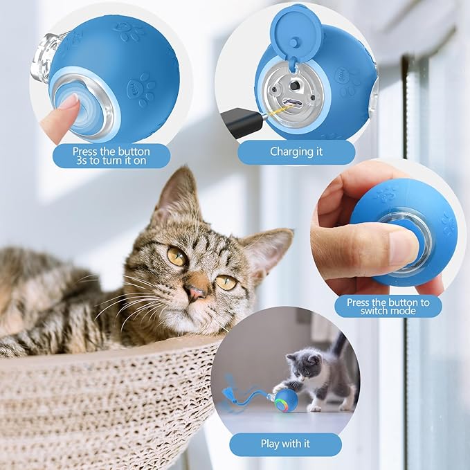 Interactive Cat Toys, Automatic Moving Cat Toys for Bored Indoor Adult Cats, Fast Rolling, Chirping & Motion-Activated Kitty Toys, Fun Gift for Cats with Speedy Tail 2.0, USB Rechargeable, Blue