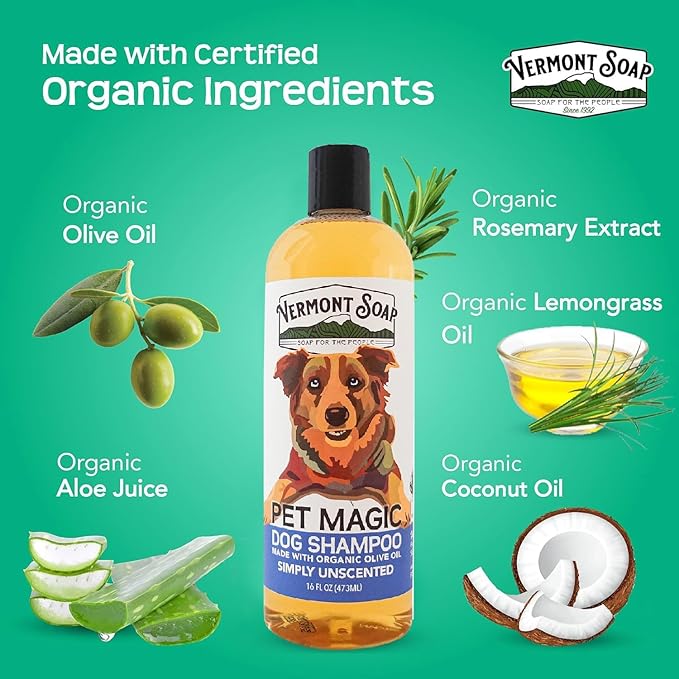 VERMONT SOAP Organics Pet Shampoo - Infused with Organic & Natural Olive Oil, Coconut & Aloe Vera Dog Shampoo for Sensitive Skin - USDA Certified Grooming Pet Shampoo - Unscented (16oz)
