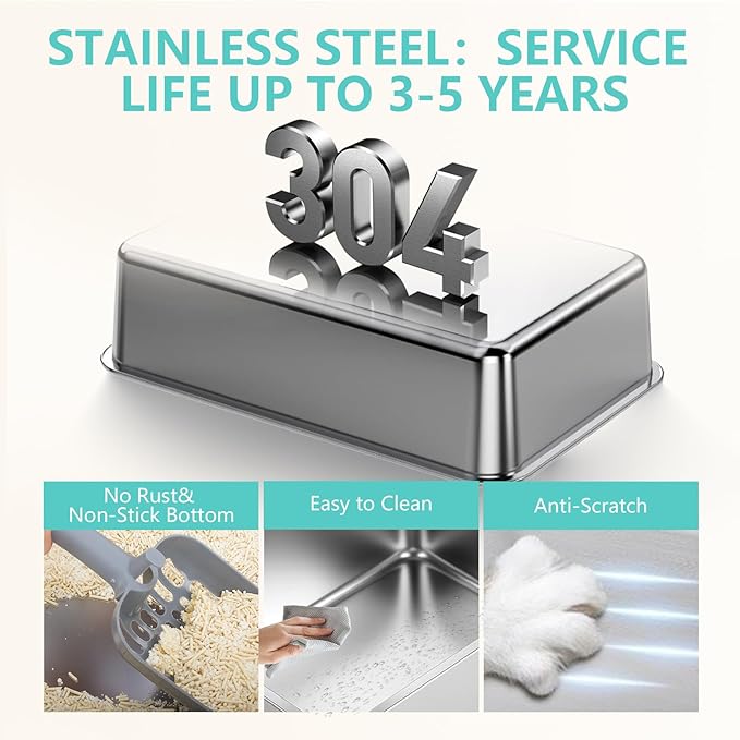 XL Stainless Steel Litter Box with Lid - 23.7"×15.7"×10.6" High Sided Metal Tray for Big/Multi-Cats, Anti-Leak Easy Clean Scoop & Foot Mat (Black)