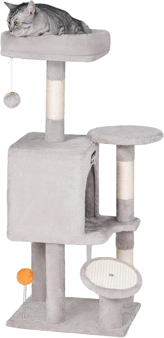 FourFurPets Small Cat Tree, Multi-Level Cat Tree for Indoor Cats, Cat Tower with Scratching Post, Cat Condo for Kittens, 39.4 inch, Light Gray