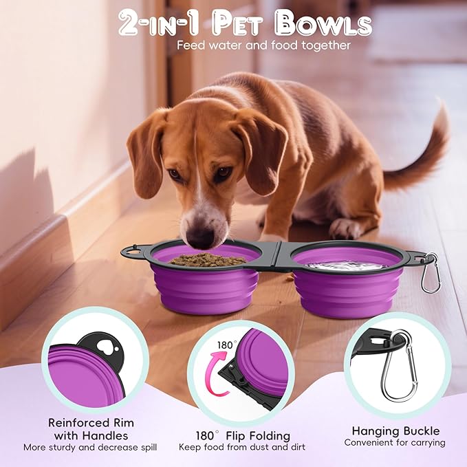 Pawaboo 2-in-1 Collapsible Dog Bowls, Dual Puppy Food and Water Bowls, 180° Flip Over Portable Silicone Dog Bowl with Metal Hook, 450ml Pet Travel Feeder Bowl for Walking Hiking Camping, Purple