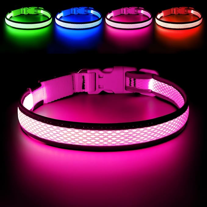 Flashseen LED Dog Collar, USB Rechargeable Light Up Dog Collar Lights, Adjustable Comfortable Soft Mesh Safety Pet Collar for Small, Medium, Large Dogs (Large, Candy Pink)