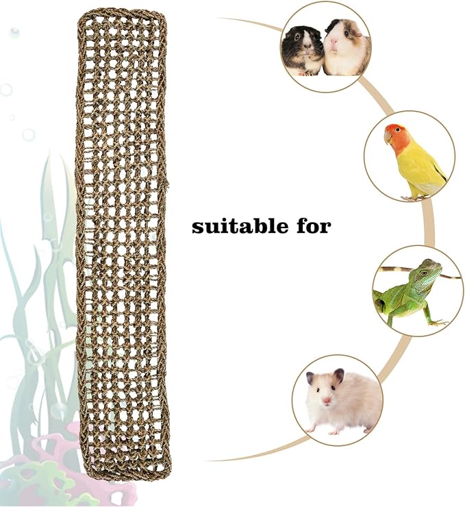 39 x 7 Inches Seagrass Mat, Natural Seagrass Woven Net, Bird Hammock Mat with Hooks, Cage Accessories, Climbing Rope Ladder Chew Toys for Cockatiel, Hamster, Guinea Pig, Rats, Parakeet
