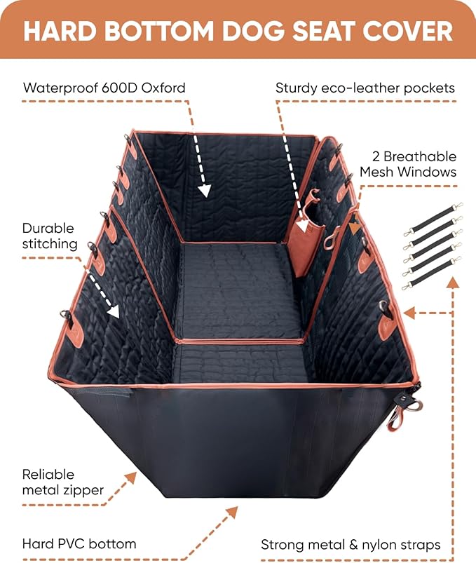 Hard Bottom Car Seat Cover for Dogs | Back Extender for Dogs | Hammock for Car Hard Bottom | Car Cover Back | Dog Seat Cover with 2 Mesh Ventilation Window Black