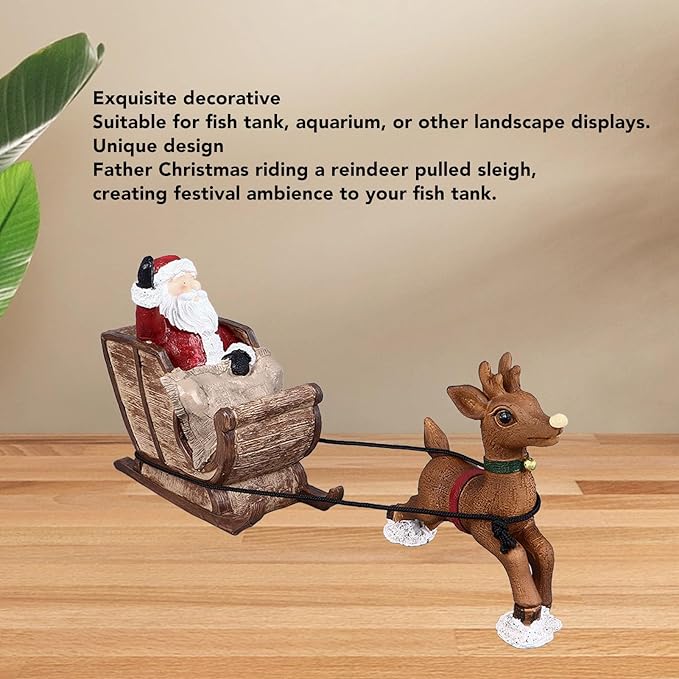 Focket Christmas Aquarium Decorations, Resin Santa Claus Reindeer Sleigh Fish Decoration, Decorative Aquarium Santa Claus on Sleigh Xmas Miniature Figurines Micro Landscape