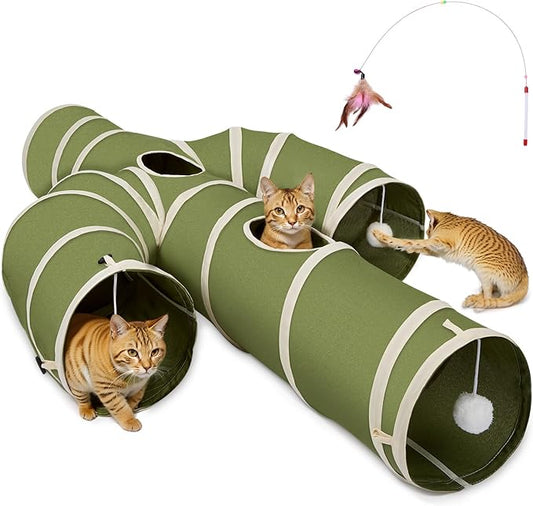 Ownpets Cat Tunnel Cactus-Shaped, Sturdy Oxford Fabric Collapsible Cat Tunnels for Indoor Cats,Interactive Peek Hole Pet Tunnel Tube with Cat Wand Toy, Green