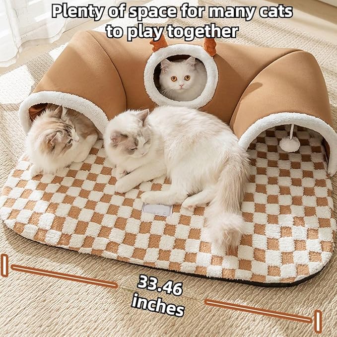 Cat Tunnel Bed Indoor,Cat Peekaboo Cave Bed for Multiple Cats,Kitty Tube with Cat Balls Toys,Removable Cat Bed House Washable,Small Animal Tunnel for Kitty,Bunny (Brown,Large)