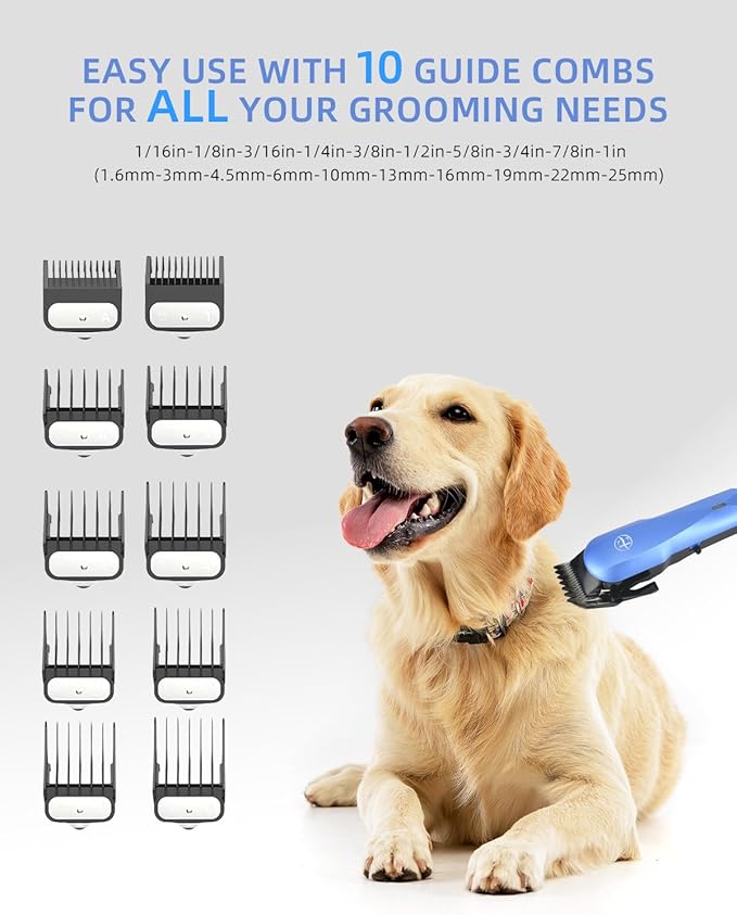 Professional Dog Grooming Clippers Kit, 24V High Power for Thick Coats, Quiet Dog Clippers with 10 Metal Guard Combs & Brush, Ideal Dog Hair Remover for Cats and Pets