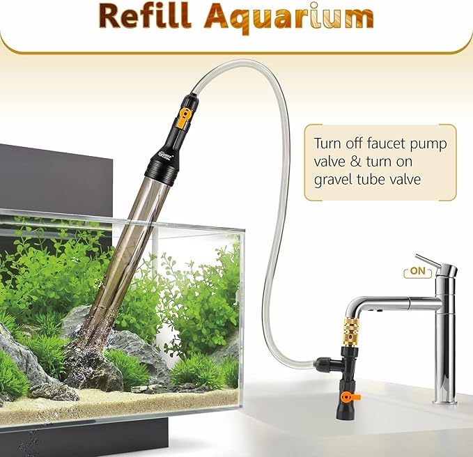 hygger Bucket-Free Aquarium Water Change Kit Metal Faucet Connector Fish Tank Vacuum Siphon Gravel Cleaner with Long Hose 49FT Drain & Fill