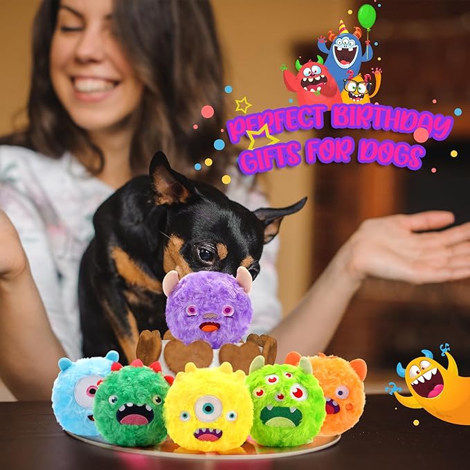 HyDren 8 Pack Soft Squeaky Dog Ball Toys 2 In1 Fuzzy 4" Dog Balls with Squeakers Plush Funny Puppy Ball Bulk Small Dog Valentine Toys Monster Dog Chewers for Small Medium Puppy Dog Pet Birthday Gift
