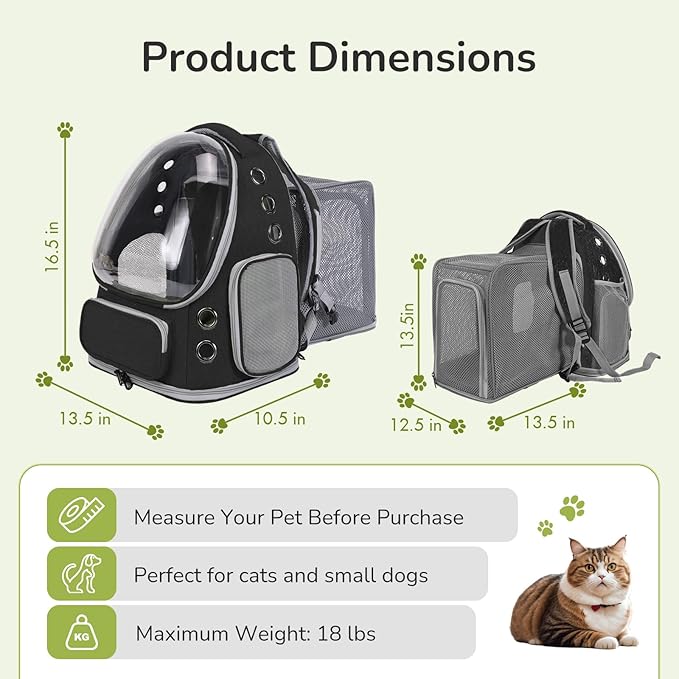 Cat Backpack Carrier for Large Cats, Expandable Cat Bubble Backpack, Dog Carriers for Small Medium Dogs, Airline Approved Pet Carrier for Travel Hiking Outdoor(Black)