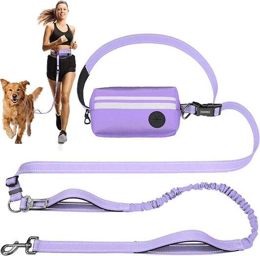 Hands Free Dog Leash with Removable Zipper Pouch, Dual Padded Handles and Durable Bungee for Walking, Jogging and Running-Purple
