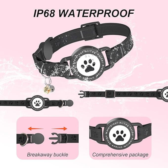 Cat Tracker Collar Waterproof - Cat Collar Breakaway - Smart Pet Activity Tracker - Breakaway Tractive with Reflective Pattern - Comfortable Padding, Adjustable (Black)