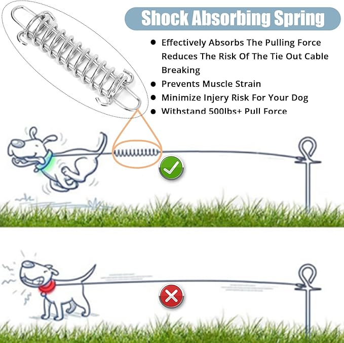 jenico Dog Tie Out Cable, 10/15/20/30/40/50/70/100/150FT Dog Runner Cable with Swivel Hook and Shock Spring, Dog Leash Run Tether for Yard Outdoor and Camping,for Small to Medium Pets Up to 500 LBS
