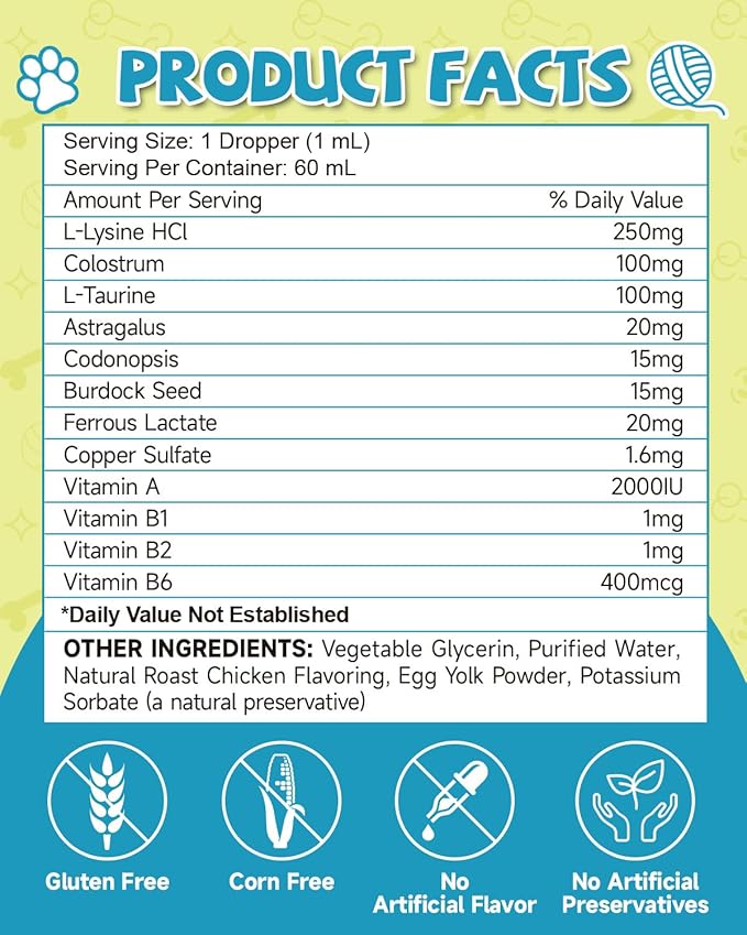L-Lysine for Cats,Lysine Drops Immune Support Supplement,Sneezing,Cold,Allergy Relief,Runny Nose,Feline Respiratory,Natural Antibiotics for Cats with Colostrum,Taurine (Roast Chicken Flavor/2floz)