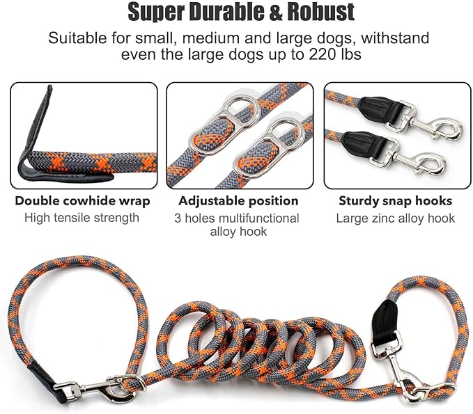 Hands Free Dog Leash(8.5ft), 8 in 1 Multifunction Nylon Double Leash for Dogs,1.2cm Dog Training Leash with Reflective Stitching, Adjustable Waist Dog Leash Fits all Waist for Medium Large Dogs-Orange