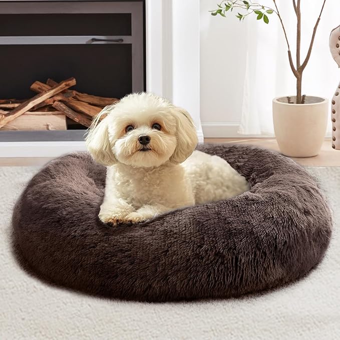 JOLLYVOGUE Medium Calming Dog Bed, Anti-Anxiety Donut Cuddler Cat Bed with Anti-Slip Bottom, Fluffy Faux Fur Machine Washable Pet Cushion for Medium Large Dog & Cat (31")
