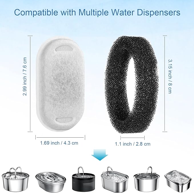 SORON Cat Water Fountain Filters for 67oz/2L and 108/3.2L Stainless Steel Pet Fountain Replacement Filters, 20 Dog Water Bowl Dispenser Filter Replacement with 20 Sponges, Easy to Install and Clean