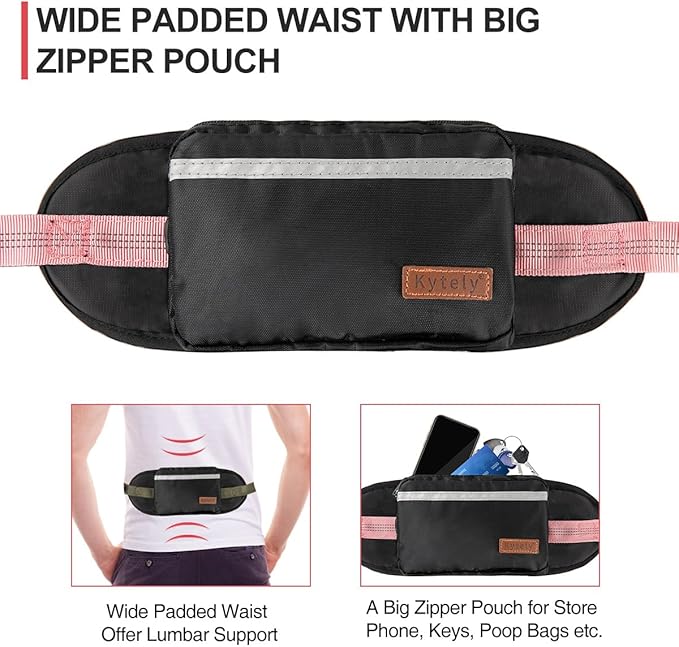 Kytely Hands Free Dog Leash with Zipper Pouch, Wide Padded Waist Dog Running Leash, Dual Padded Handles, Retractable Bungee for Walking Jogging Training Hiking