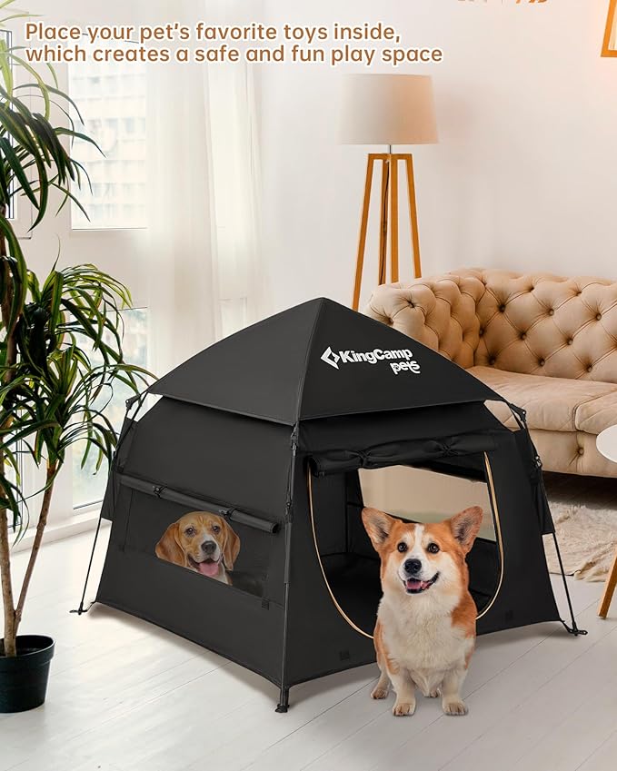 KingCamp Dog Tent, Large Portable Outdoor Indoor Dog House with 600D Oxford Fabric & Dual Layer for Medium Large Dogs, Jet Black