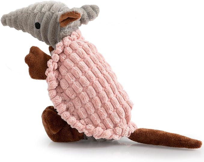 Hollypet Plush Dog Squeaky Toy Stuffed Armadillo Animal Pet Puppy Chew Toys with Clean Teeth for Small Medium Large All Breed Sizes Dogs, Light Pink, 8 in