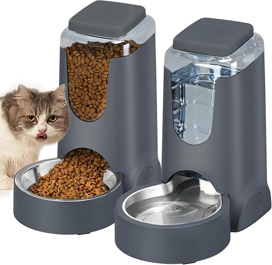 Automatic Cat Feeder and Water Dispenser with Stainless Steel Bowl Dog Gravity Food Feeder and Waterer for Small Medium Pets Puppy Kitten 1 Gallon x 2